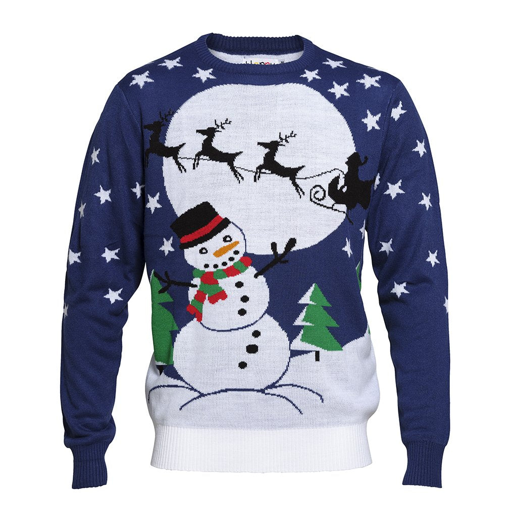 Maglione natalizio blu con pupazzo di neve e luna.